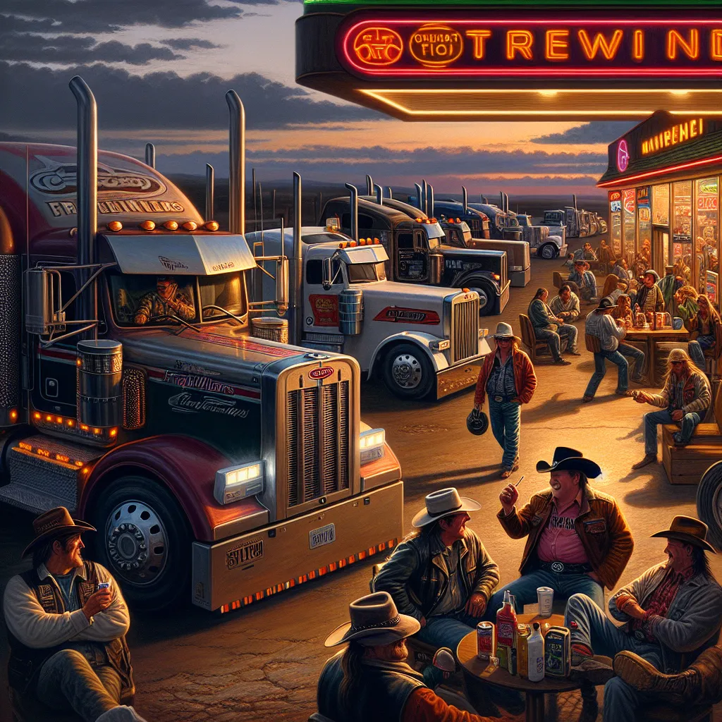 **Title: Night at the Truck Stop**

In a bustling truck refueling station in Arizona, the scene is set with a sprawling parking lot filled with various truck models: sturdy Freightliners, classic Kenworths, and sleek Peterbilts, each one with its unique trailer. As the sun sets, the atmosphere is vibrant with the sound of truckers swapping stories and laughter spilling from the nearby bar, where music plays softly, and the clatter of billiard balls fills the air.

Our main character, Peter Mills