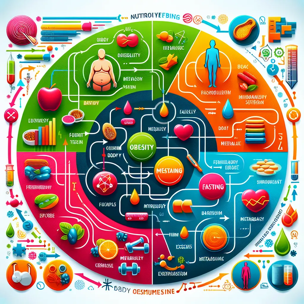 Image of a colorful infographic illustrating key concepts related to nutrition and metabolism, featuring icons for obesity, metabolism, fasting, body fat types, and exercise, all interconnected in a visually engaging layout.