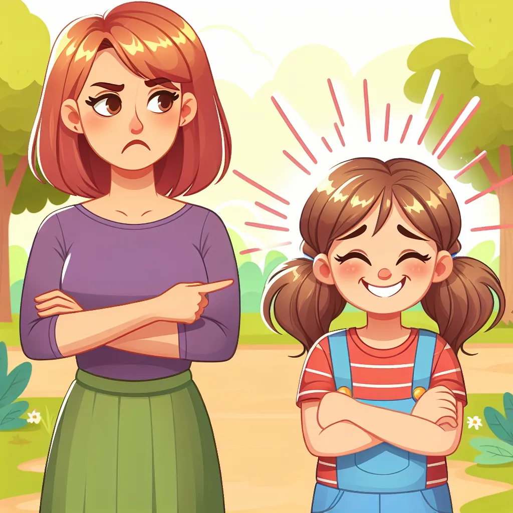 Ilustración de una mujer adulta y una niña en un parque, con la niña sonriendo burlonamente mientras la adulta cruza los brazos, mostrando una expresión de molestia. Ambas tienen ropa colorida y un fondo soleado con árboles.