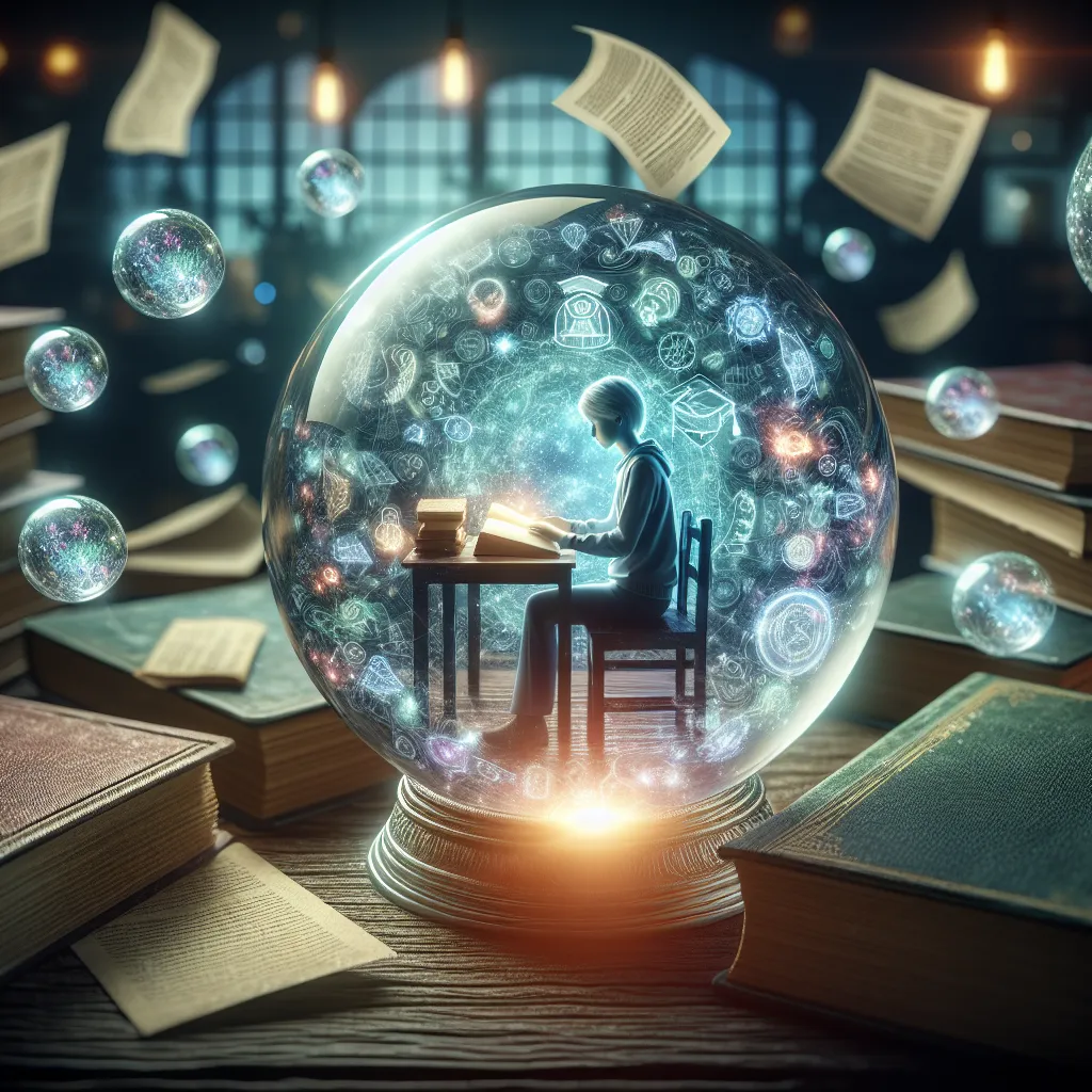 A mystical scene of a crystal ball showing a student studying diligently, surrounded by books and notes, with faint exam papers in the background.
