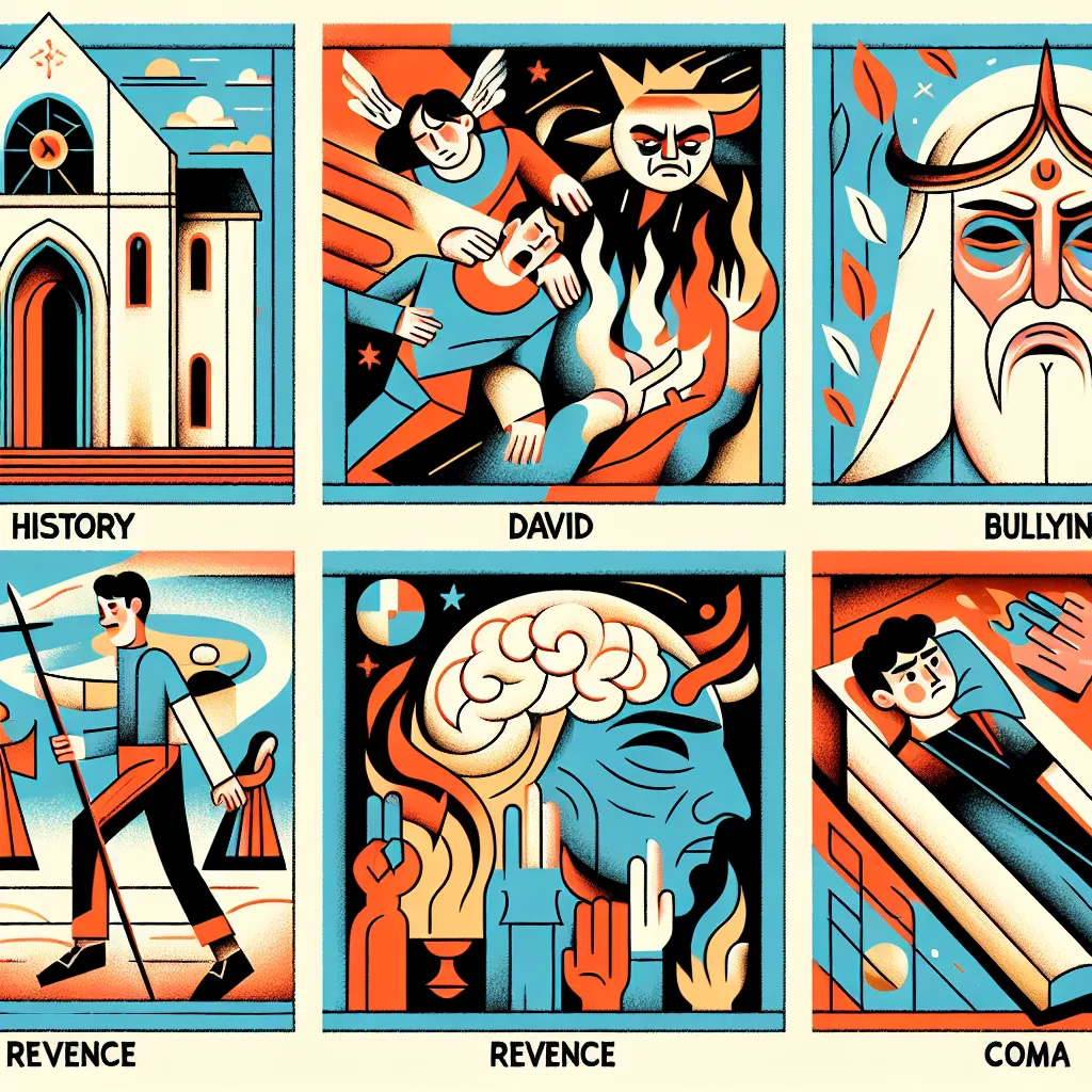 Historia, David, Bullying, Venganza, Coma in an abstract style