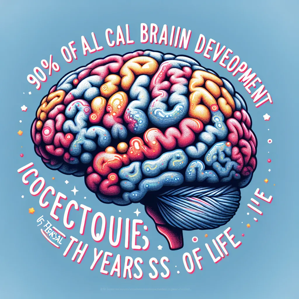 Illustration showing a brain with highlighted areas to represent critical development stages, accompanied by the text "90% of all critical brain development occurs in the first 5 years of life."