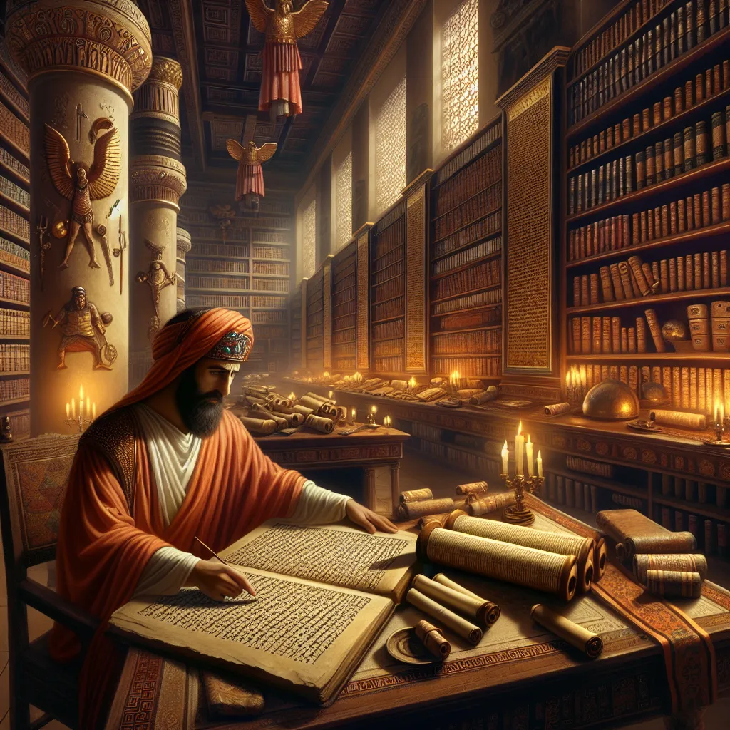 Illustration depicting a scholarly figure studying ancient texts in a library filled with scrolls, surrounded by symbols of Greek mythology and biblical references, emphasizing the blend of cultures during the Hellenistic period.