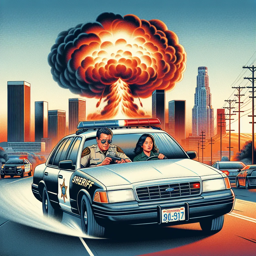 Illustration of a Los Angeles County sheriff's deputy with his partner in a white Ford Crown Victoria, driving away from an exploding building while the sun sets in the background.