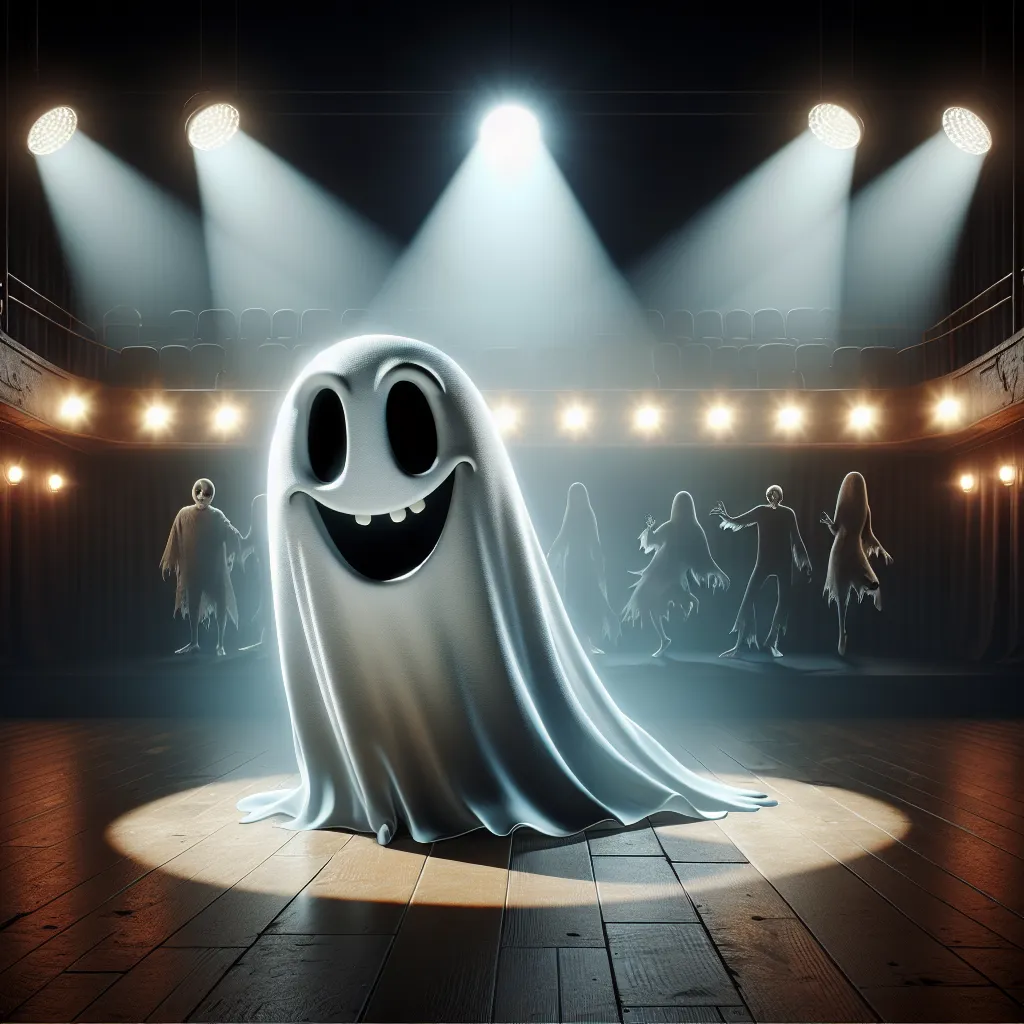 Illustration of a ghost with a mischievous grin haunting a stage surrounded by spotlights, with silhouettes of dancers in the background and an eerie atmosphere.