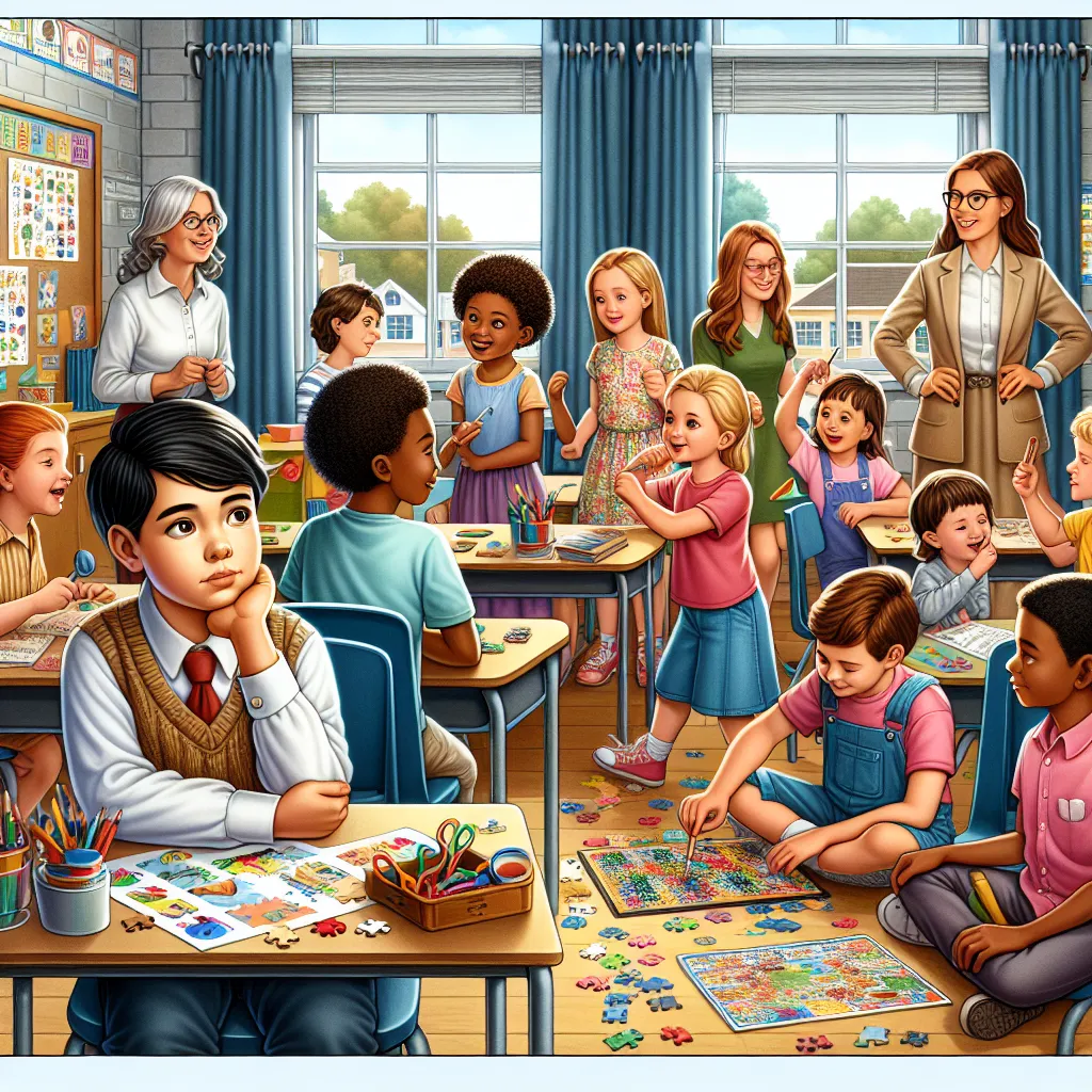Illustration of a classroom scene showing a child sitting quietly at a desk, while other students around them are engaged and active, highlighting the contrast in behavior.