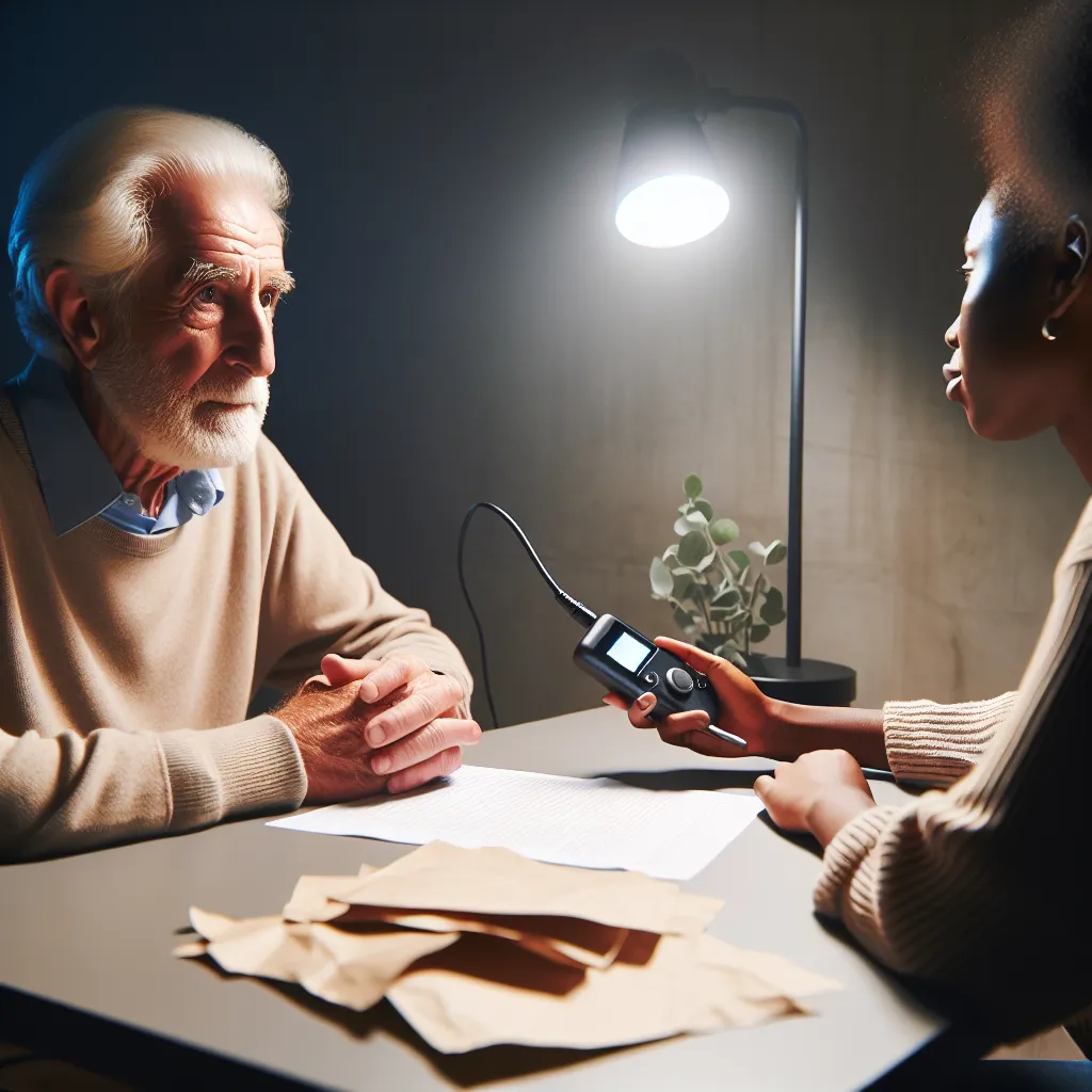 Photo of a thoughtful elderly man sharing his experiences with a young interviewer, both are seated at a table with notes and a recording device.