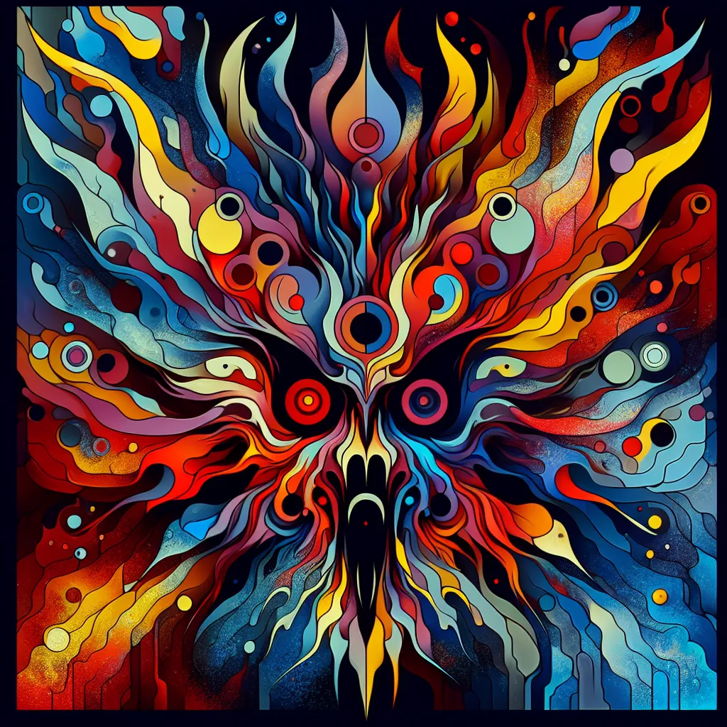 Transformation, Alastor, Hazbin, Demonic, Identity in an abstract style