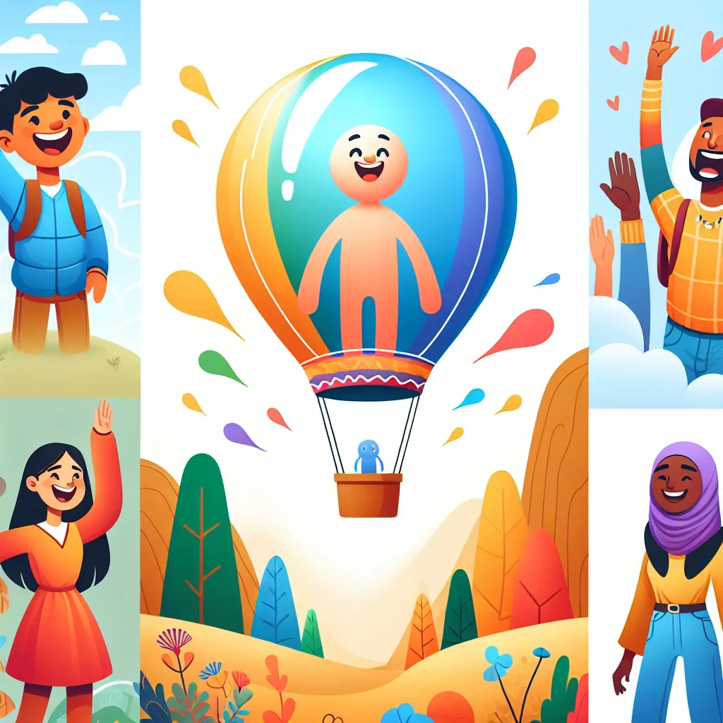 Illustration of a whimsical human-shaped balloon floating above a colorful landscape, with joyful characters below, showcasing the magic of adventure and wonder.