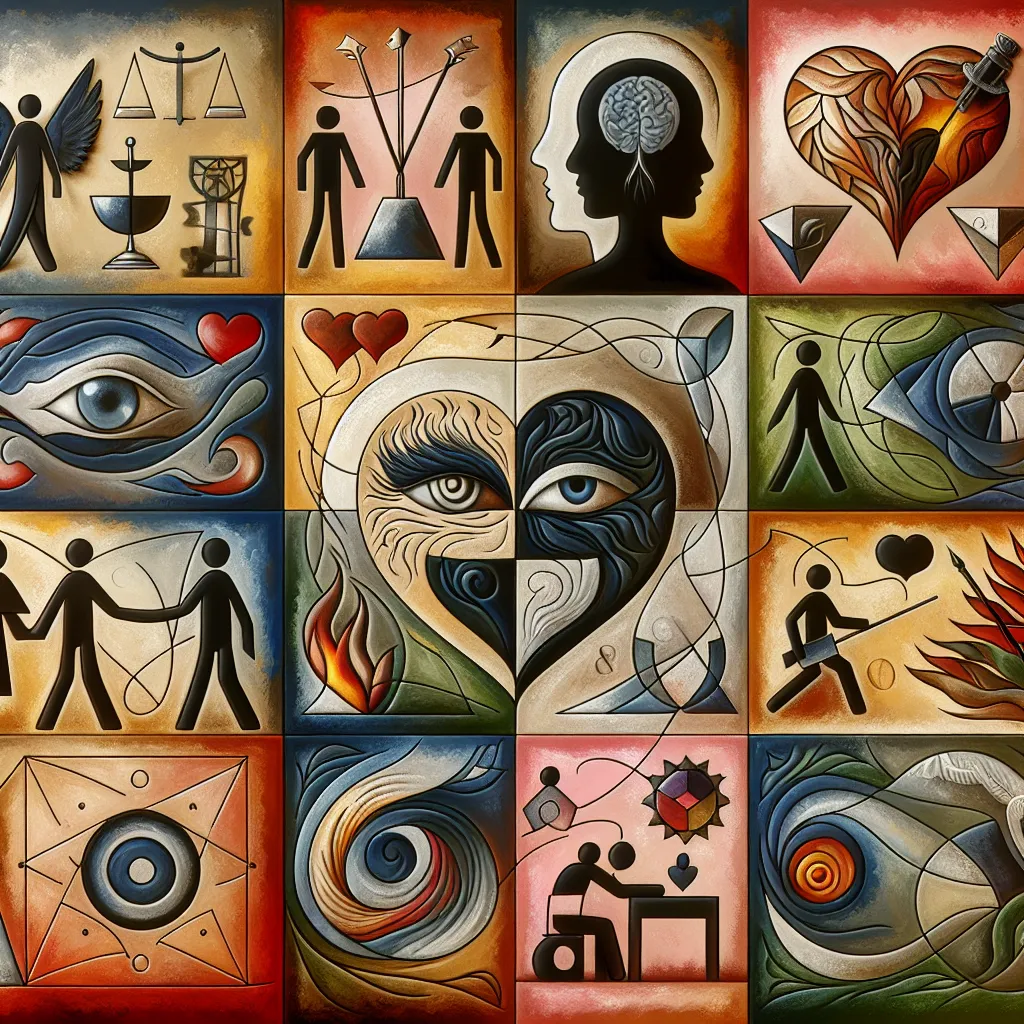 Historia, Amor, Venganza, Relaciones, Celos in an abstract style