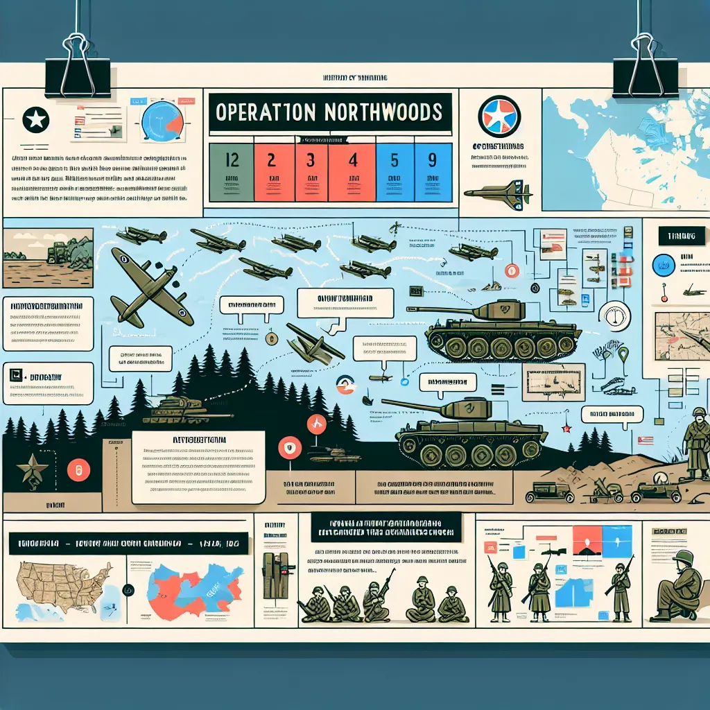 Infographic illustrating key points of Operation Northwoods, featuring a timeline, maps, and images of military strategies.