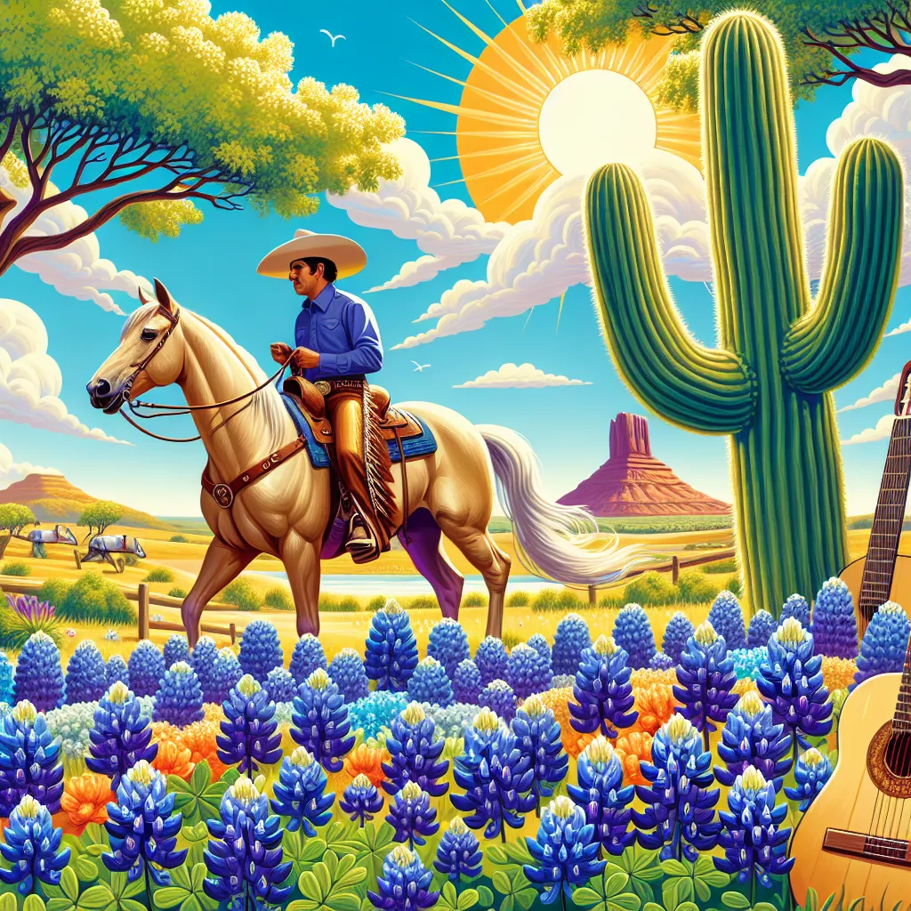 Vibrant illustration of a sunny Texas landscape featuring bluebonnets, a cowboy on horseback, and a guitar leaning against a cactus, capturing a joyful and lively atmosphere.