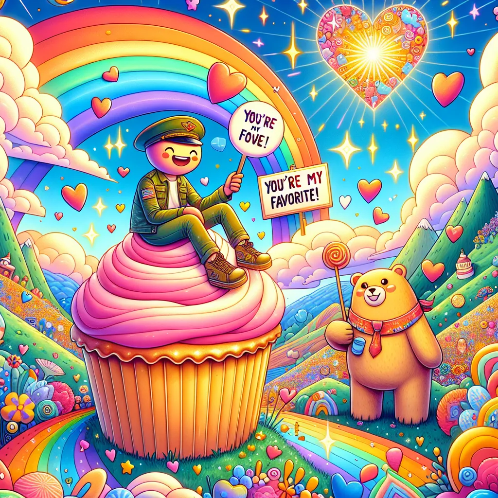 Illustration of a whimsical scene featuring a person sitting on a giant cupcake, surrounded by floating hearts and sparkling stars, while a friendly bear in military attire looks on, holding a sign that says, "You're my favorite!" The background is a colorful landscape, full of laughter and joy.