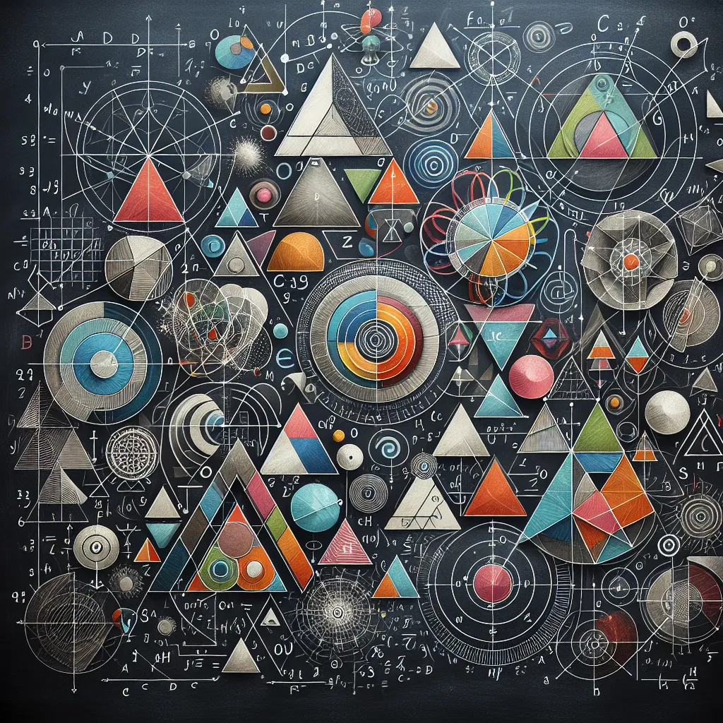 Illustration of various geometric shapes, including triangles, circles, and squares, arranged artistically on a chalkboard with mathematical equations.