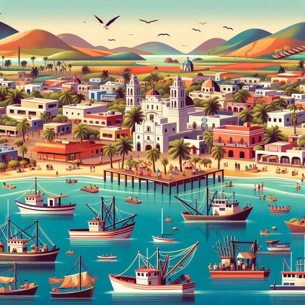 Illustration of coastal Mexican towns showcasing fishing boats, tourist resorts, and agricultural fields, highlighting the diverse economic activities influenced by the sea and landscape.