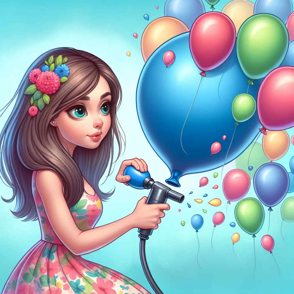 Illustration of a girl with a whimsical expression using an air pump, surrounded by colorful balloons as she transforms into a giant balloon herself, floating in a bright blue sky.