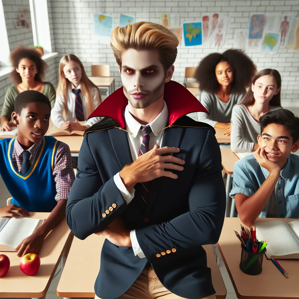 Imagen de un vampiro ególatra y musculoso, vestido con un uniforme escolar exclusivo, sentado en un aula de clase con aspecto suburbial mientras observa con desdén a los estudiantes a su alrededor.