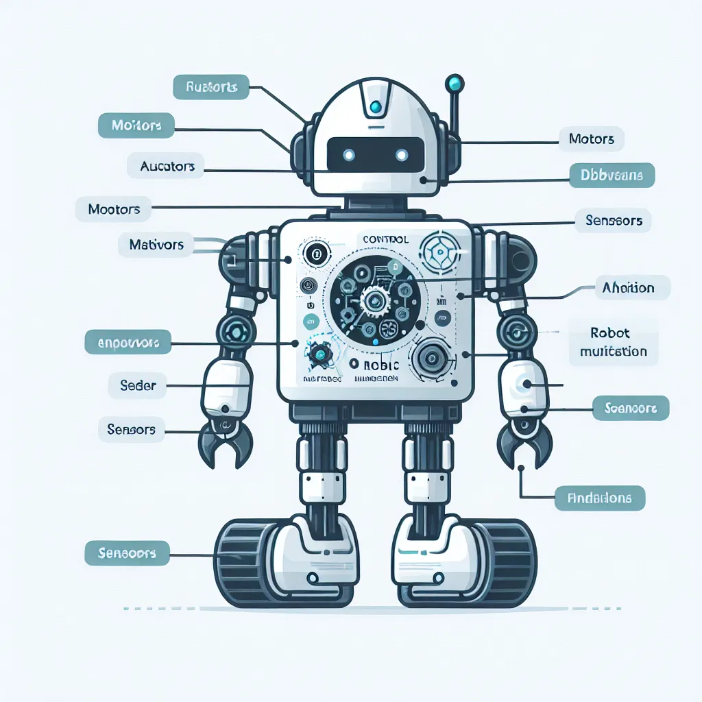 Illustration of a robot with labels pointing to its motors, actuators, and sensors, highlighting the control system's function in managing all components.