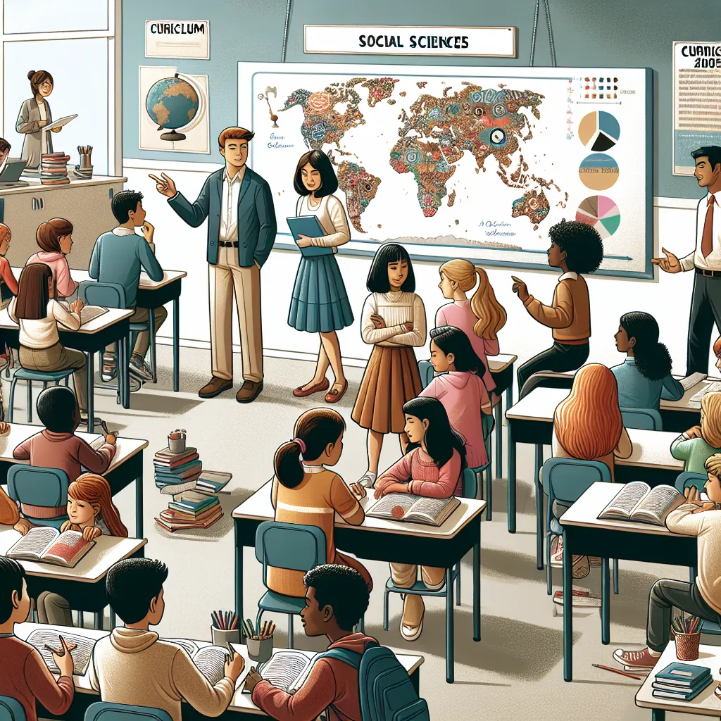 Illustration of a classroom scene with diverse students engaged in learning about social sciences, featuring textbooks, maps, and interactive discussion around a whiteboard displaying "Curriculum 2005."