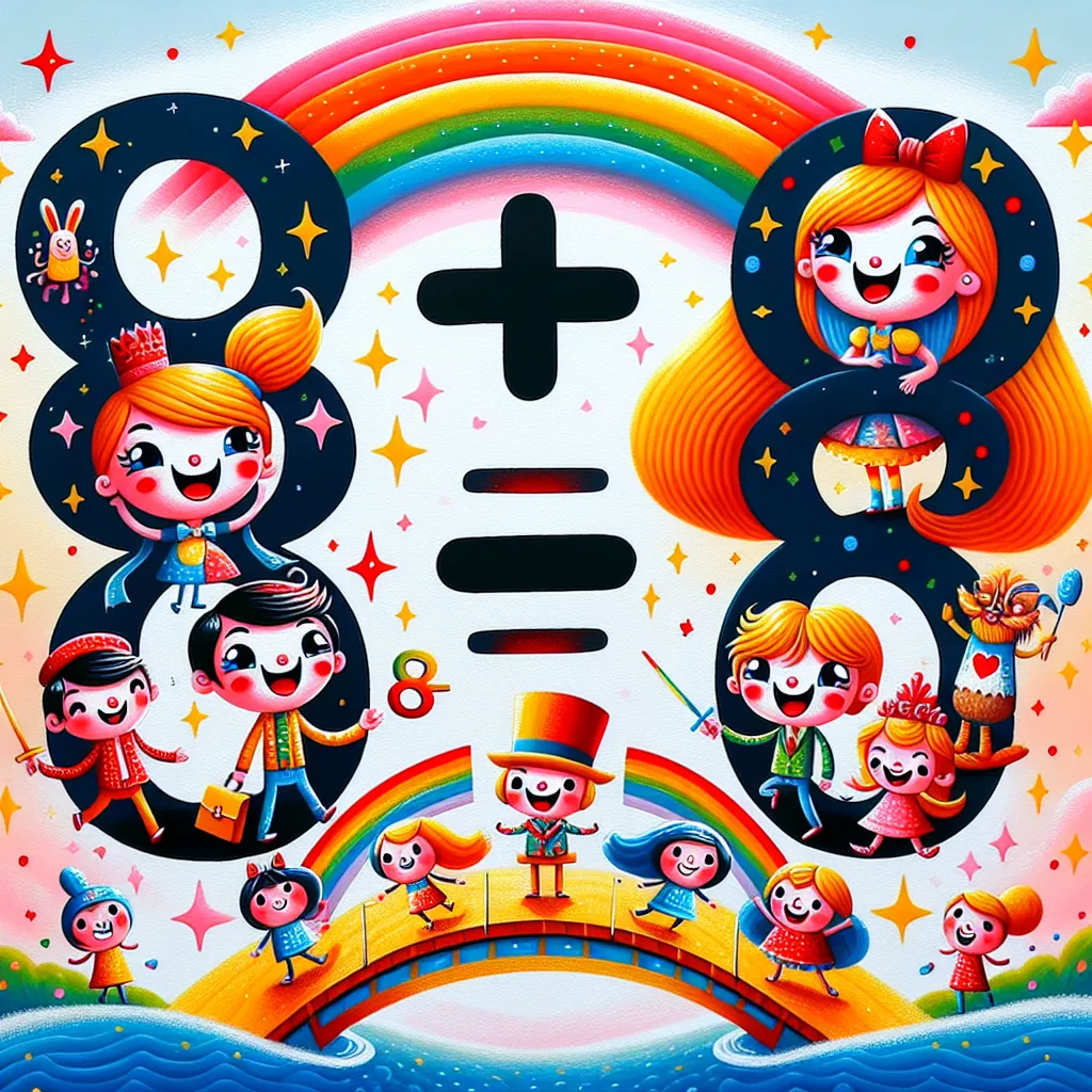 An illustrated math equation showing "8 + 8 = 16" with playful cartoon characters representing the numbers.