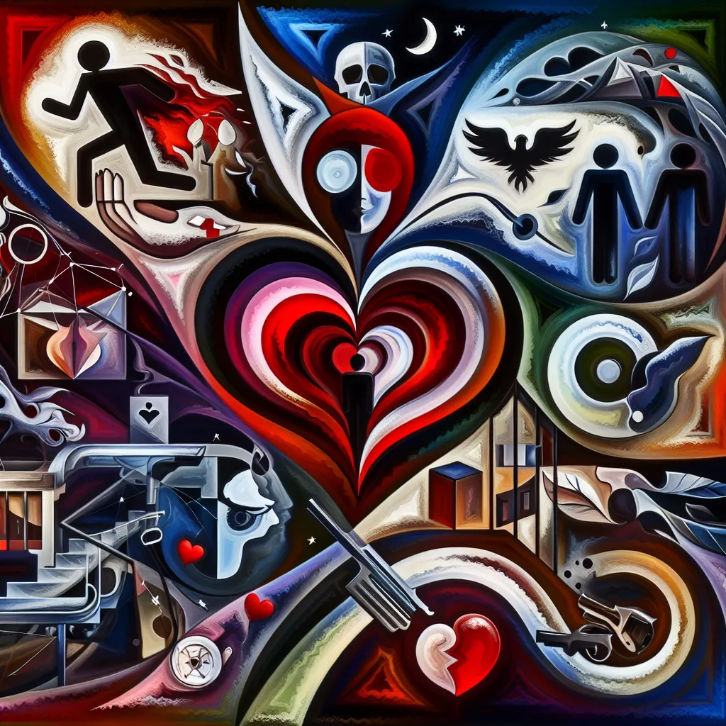 Aurelio, Venganza, Amor, Crimen, Oscuridad in an abstract style