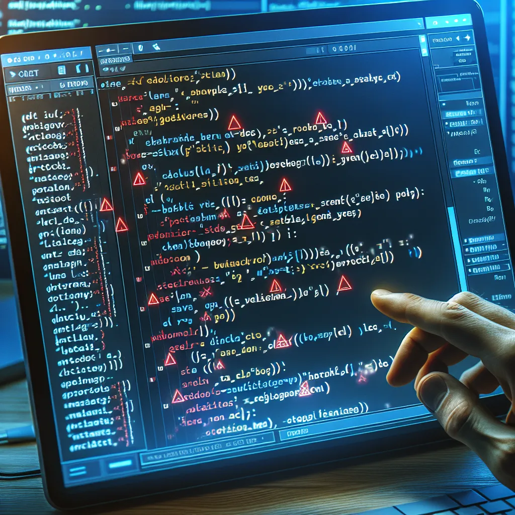 Image of a computer screen displaying a coding application with highlighted syntax and logic errors, showcasing built-in error detection tools.
