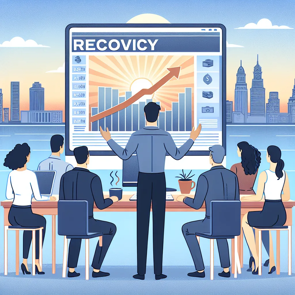 Illustration of a relieved individual standing in front of a computer, receiving positive news about the recovery of their investments, with a backdrop of a city skyline at sunset, symbolizing hope and new beginnings.