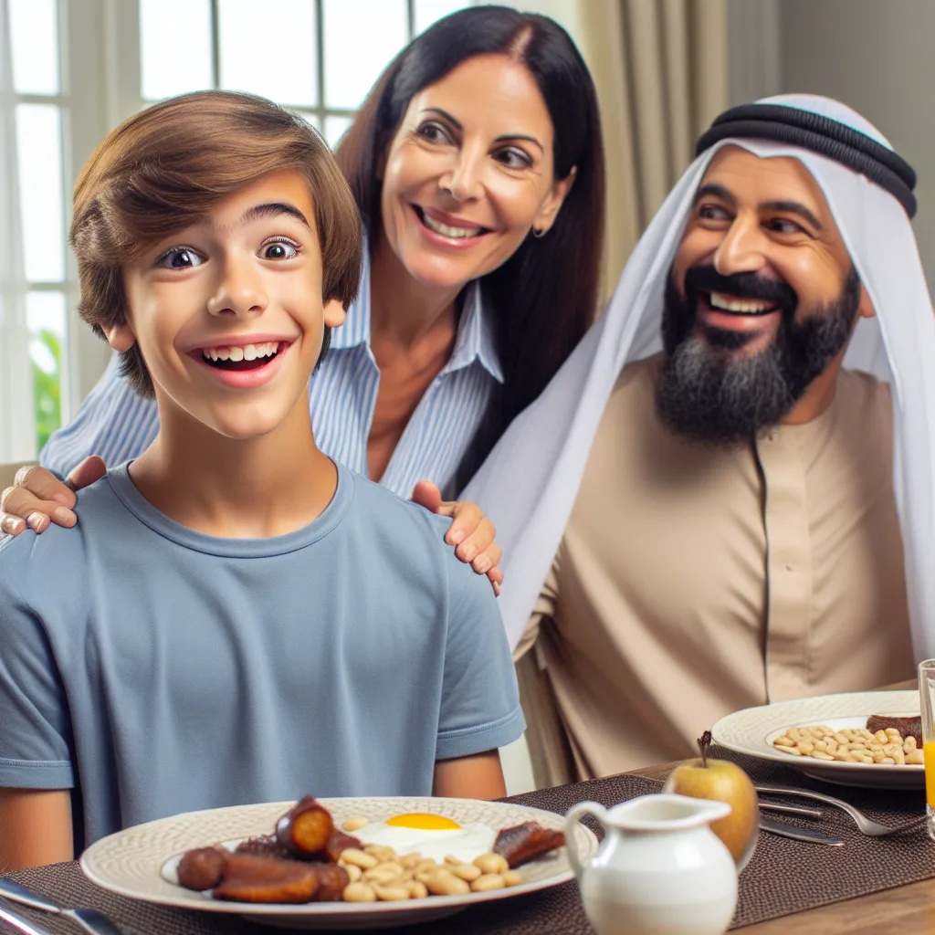 Imagen de un adolescente con expresión sorprendida desayunando en una elegante y gran mesa de comedor con un hombre que le sonríe cariñosamente, mientras una mujer observa la escena a la distancia.