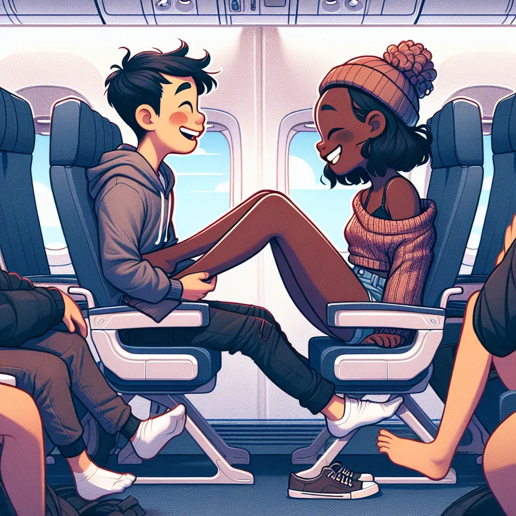 Illustration of a boy and a girl sitting on an airplane, laughing and exchanging clothes.