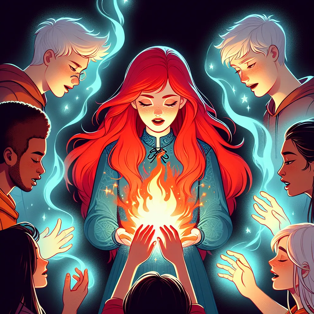 Illustration of Bloom passing the Dragon Flame to her friends, depicted in a moment of powerful emotion and unity among the Winx Club members.