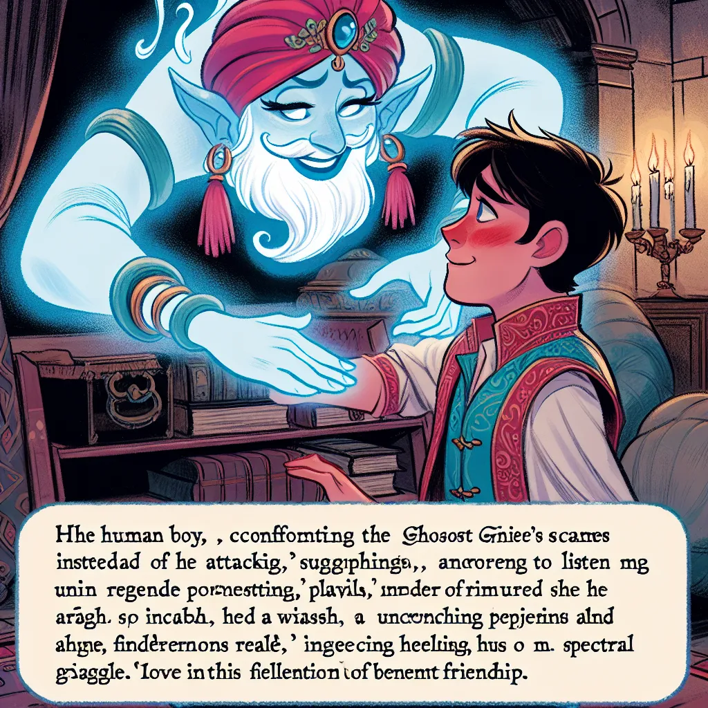 Danny Phantom carefully opened the Fenton Thermos in his room, anticipation mixed with uncertainty. As Desiree materialized, her dazzling presence filled the space, and realization dawned on her. "You're the Ghost Boy who's been thwarting my plans," she said, her tone a mix of curiosity and amusement.

Danny took a deep breath. “I wish for you not to attack me, just to listen.” To his surprise, she agreed, intrigued by his unexpected demeanor. “Let’s be friends, just this once,” he proposed.

De