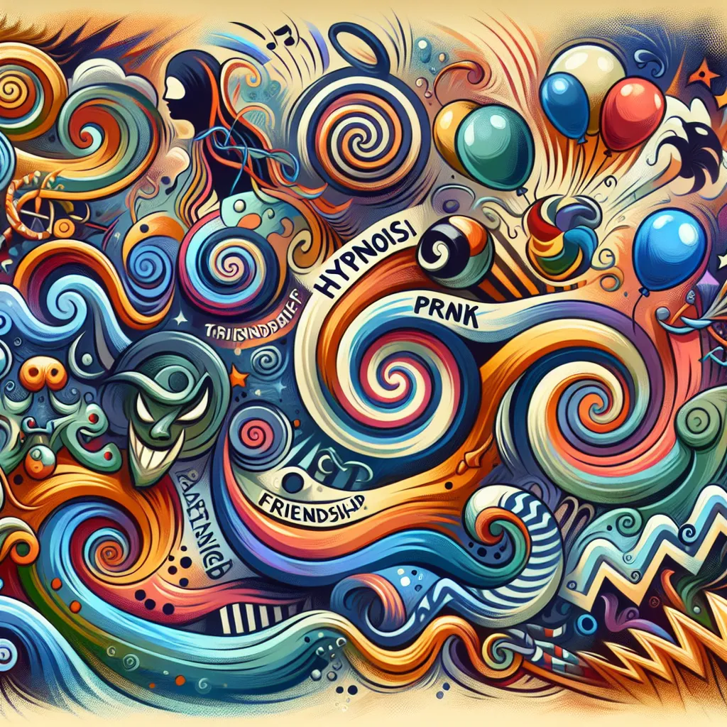 Hypnosis, Prank, Friends, Adventure, Revenge in an abstract style