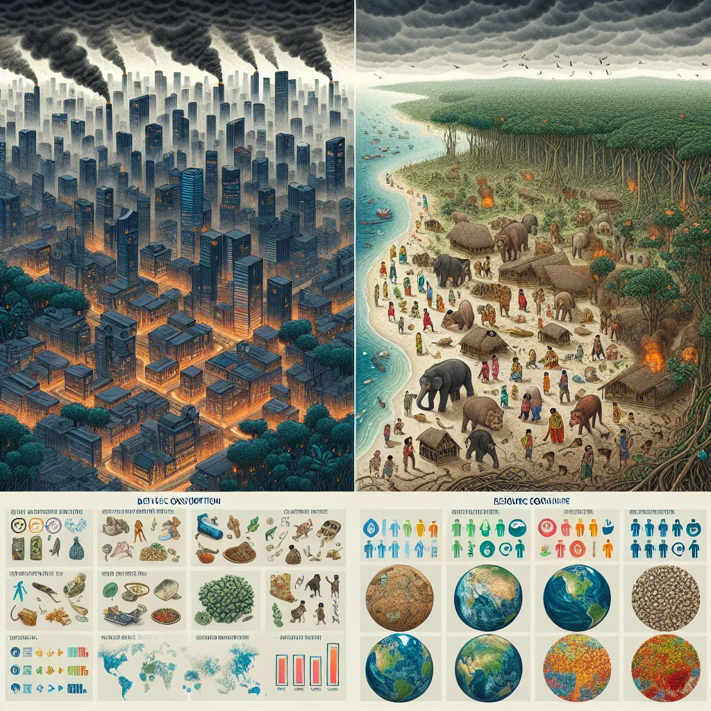 1. **Overpopulation and the Environment**: Illustration showing crowded cities with pollution and deforestation impacting wildlife habitats.

2. **High-Income vs. Low-Income Countries**: Infographic comparing resource consumption and carbon footprints of a bustling city in a high-income country versus a rural area in a low-income country.

3. **Deforestation's Impact on Local People**: Depiction of a community dealing with deforestation consequences, such as loss of shelter and resources, emphas