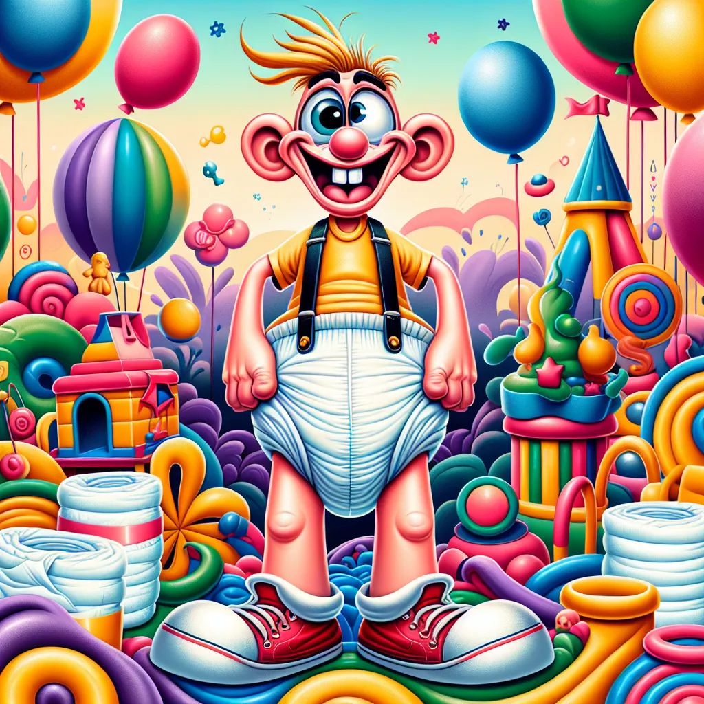 Illustration of a whimsical scene depicting a cartoonish character, resembling Bart, surrounded by oversized, colorful used diapers in a playful setting.