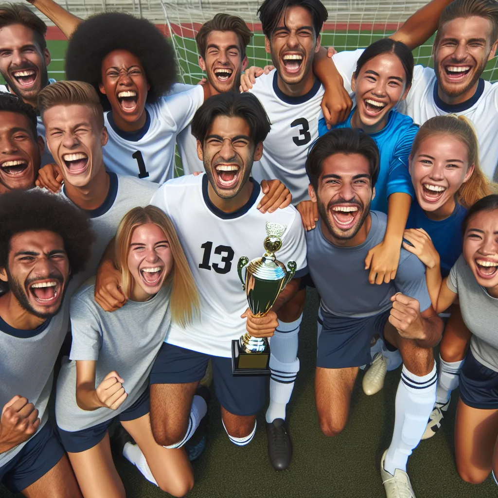 Image description: The college soccer team, laughing and celebrating their win in their regular soccer uniforms, holding a trophy on the field.