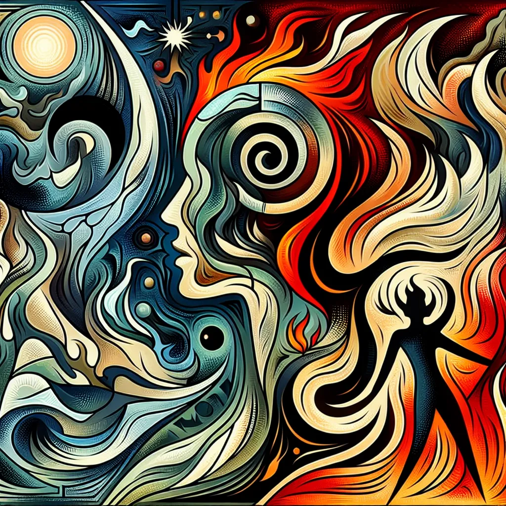 Transformation, Hell, Lucifer, Identity, Supernatural in an abstract style