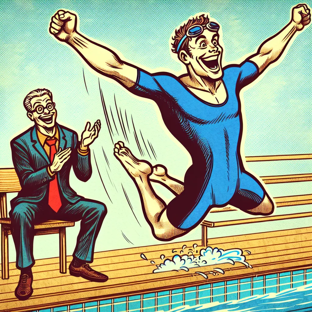 A lighthearted illustration of a college athlete, wearing a snug bikini, confidently diving into a swimming pool with laughter from his coach in the background, capturing the fun and unexpected outcome of the mix-up.