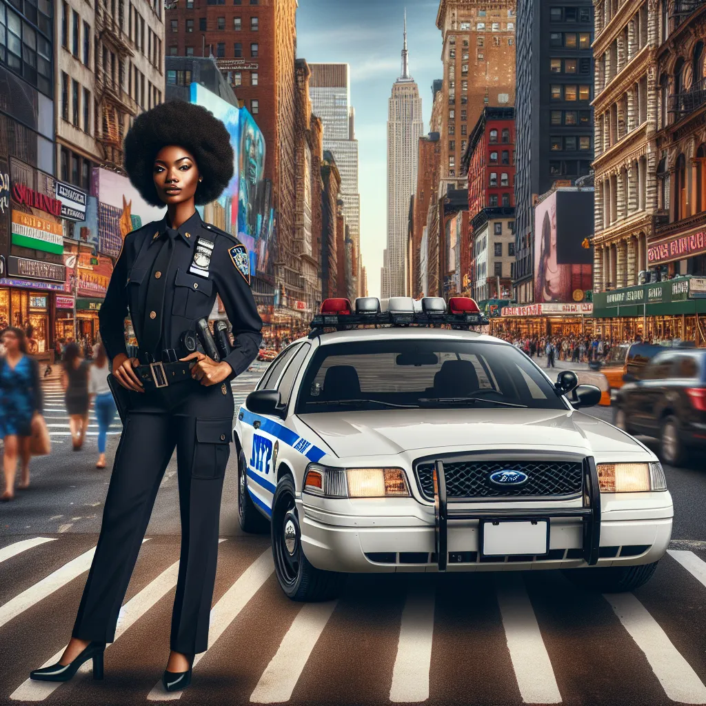 Image of a confident young woman in an NYPD uniform standing beside a Ford Crown Victoria police interceptor on a bustling Manhattan street.
