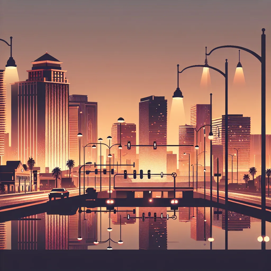 Illustration of a generic cityscape representing Las Vegas at sunset, highlighting typical urban elements like streetlights and buildings without any detailed depiction of law enforcement or individuals.