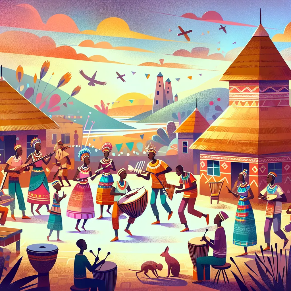 Illustration of a vibrant African village scene showcasing traditional dance, music instruments, and cultural expressions, focusing on community celebration and harmony.