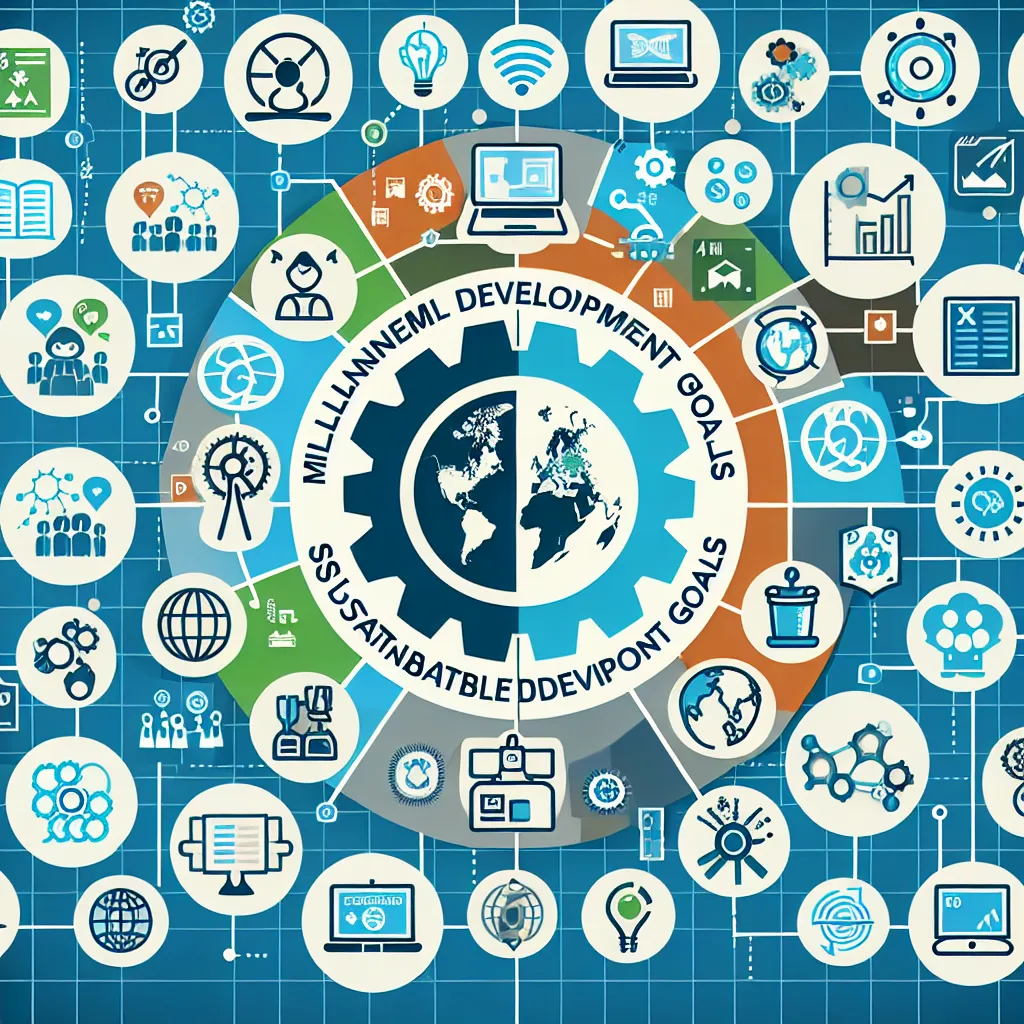 Infographic comparing the Millennium Development Goals (MDGs) and Sustainable Development Goals (SDGs) with an emphasis on engineering education, featuring icons for education, sustainability, and global collaboration.