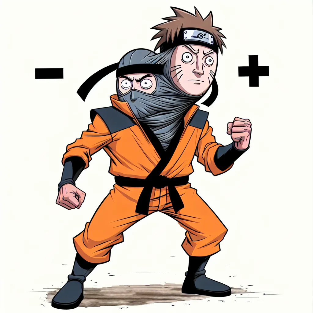 Illustration of a whimsical scene in the Naruto universe showing Naruto and Tsunade fused together, featuring a blend of Naruto's signature orange jumpsuit with Tsunade's ninja attire, complete with an amusing facial expression that captures their combined personalities.