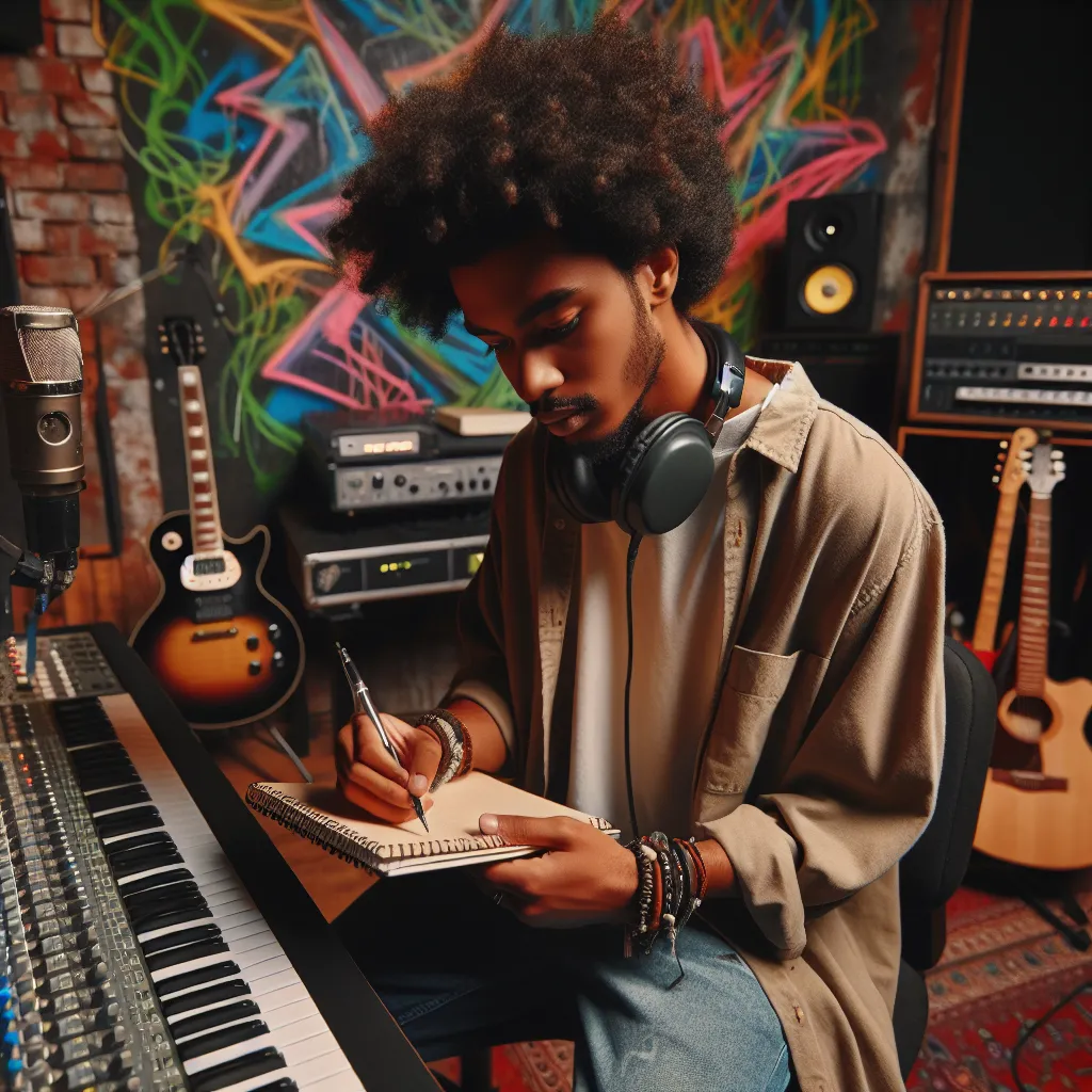 Image of a young artist in a studio, passionately writing lyrics while surrounded by music equipment and vibrant graffiti on the walls.