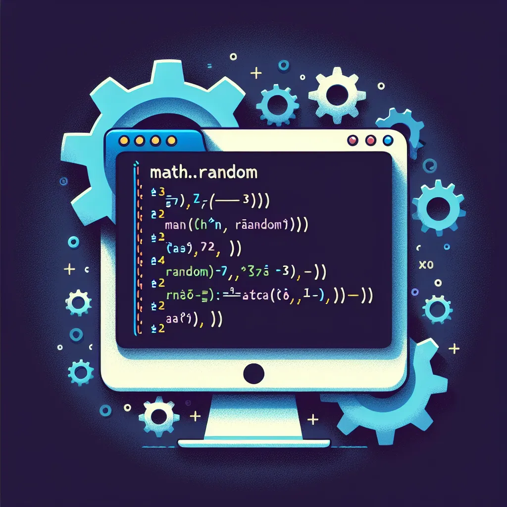 Illustration of a computer screen displaying Java code with the Math.random() method highlighted, surrounded by gears symbolizing computational processes.