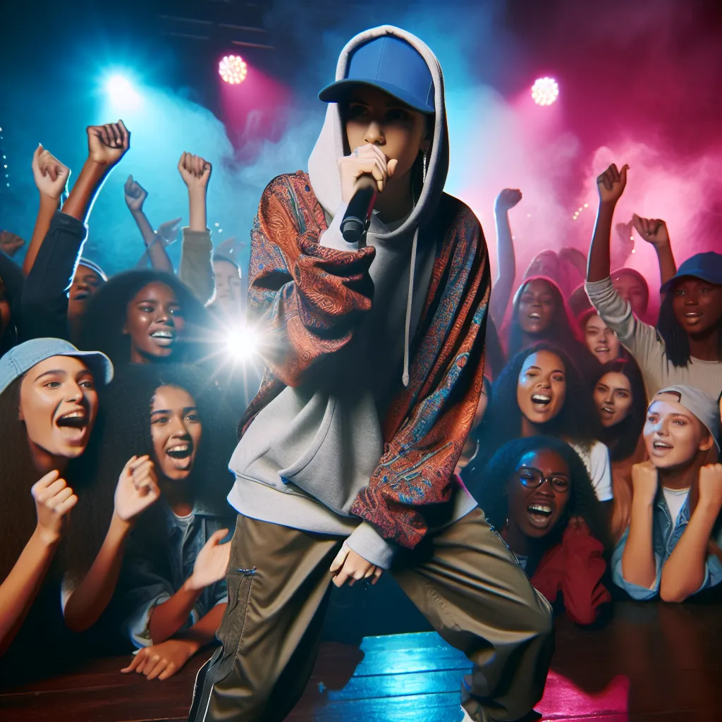 Image of a young artist in a stylish hoodie and baseball cap, rapping passionately on stage with vibrant lights and a cheering crowd in the background.