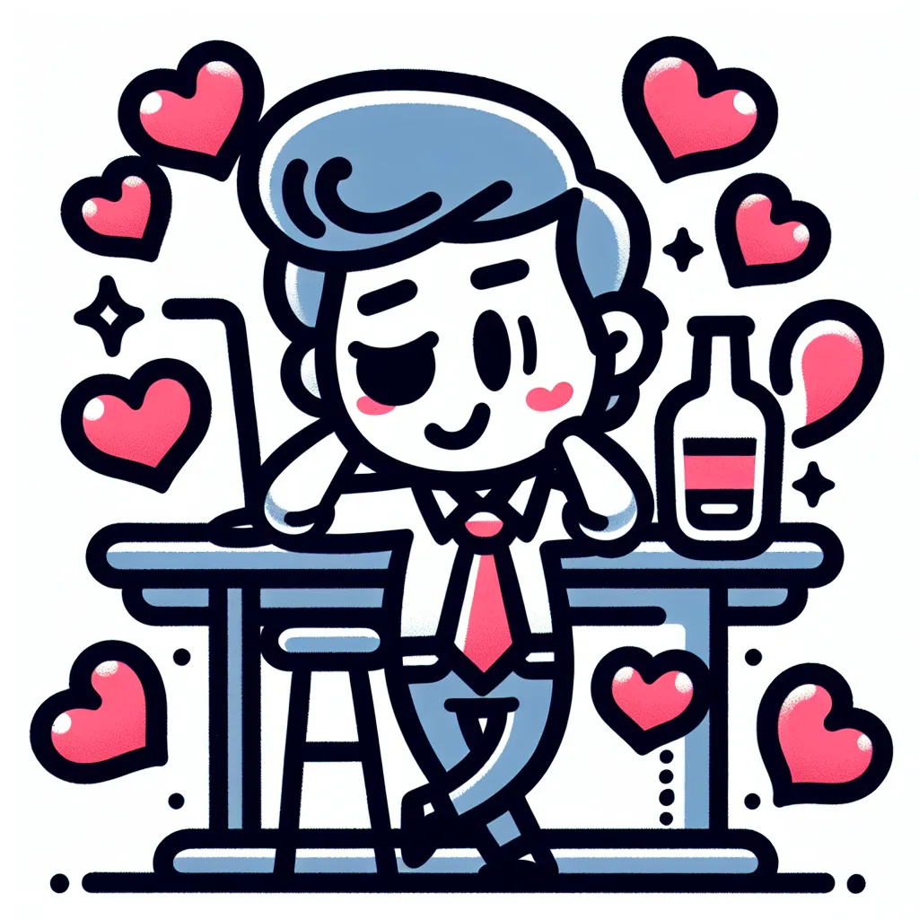 A playful illustration of a cartoon character winking and leaning against a bar, surrounded by hearts.