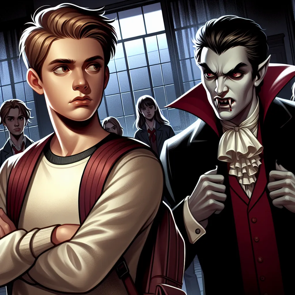 Ilustración de un joven y un vampiro en una confrontación dramática en una escuela preparatoria, con el vampiro mostrando una expresión de enfado y el joven con una mirada de desafío.