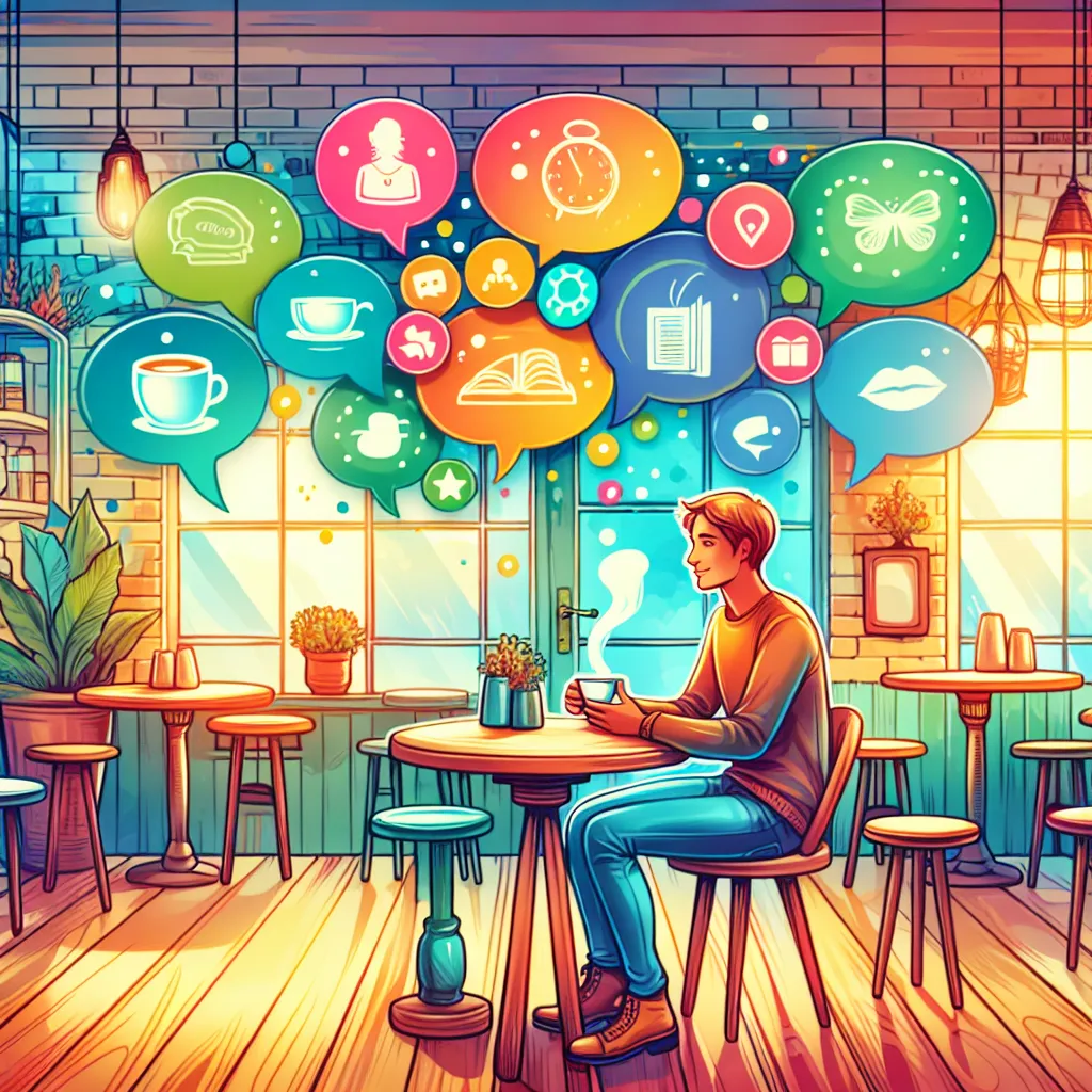 Vibrant illustration of a cozy café scene with a person sitting at a table, looking inviting and eager to chat, surrounded by whimsical speech bubbles depicting fun conversation topics and friendly faces.