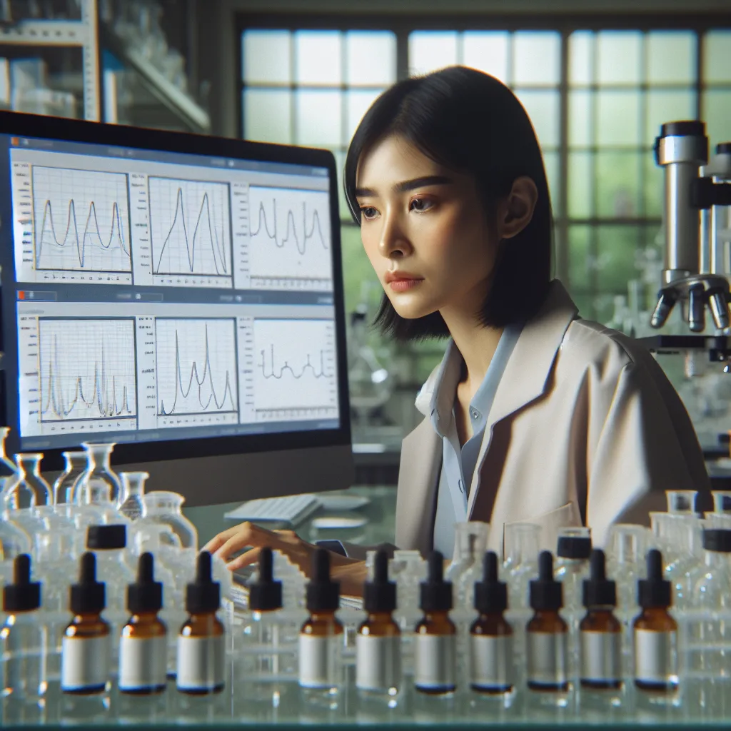 Image of a scientist examining infrared spectroscopy graphs on a computer screen, with various organic compound samples on a laboratory table.