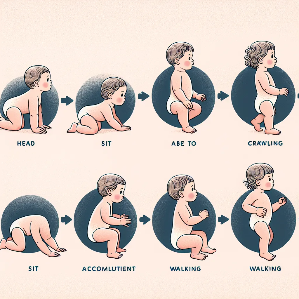 Illustration showing a toddler's growth progression from head to toe, highlighting key developmental milestones like sitting, crawling, and walking, with labels for each stage.